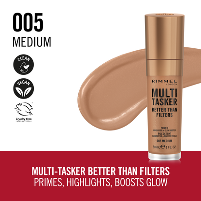 Rimmel Multi-Tasker Better Than Filters, 005 Medium, Primer Viso, Glow Booster e Illuminante, Formula Vegana, Leggera, Antietà, con Pigmenti che Riflettono la Luce, Maxi Applicatore Soft-Touch, 30ml (1oz)