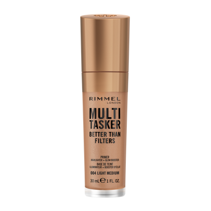 Rimmel Multi-Tasker Better Than Filters, 004 Light Medium, Primer Viso, Glow Booster e Illuminante, Formula Vegana, Leggera, Antietà, con Pigmenti che Riflettono la Luce, Maxi Applicatore Soft-Touch, 30ml (1oz)