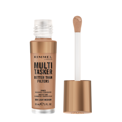 Rimmel Multi-Tasker Better Than Filters, 004 Light Medium, Primer Viso, Glow Booster e Illuminante, Formula Vegana, Leggera, Antietà, con Pigmenti che Riflettono la Luce, Maxi Applicatore Soft-Touch, 30ml (1oz)