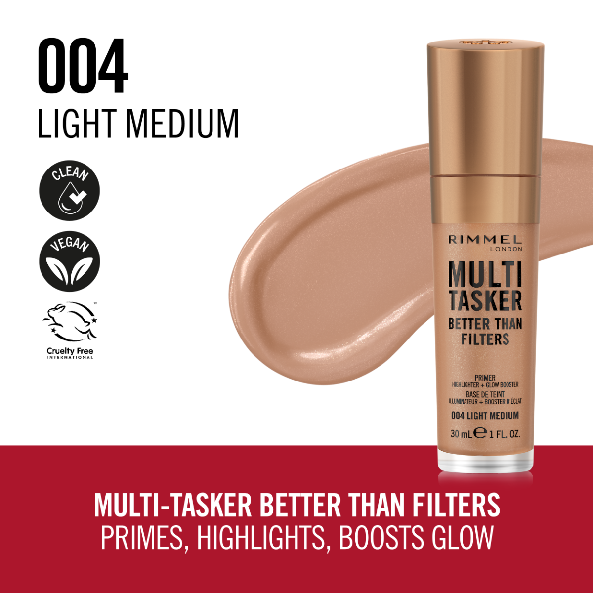 Rimmel Multi-Tasker Better Than Filters, 004 Light Medium, Primer Viso, Glow Booster e Illuminante, Formula Vegana, Leggera, Antietà, con Pigmenti che Riflettono la Luce, Maxi Applicatore Soft-Touch, 30ml (1oz)