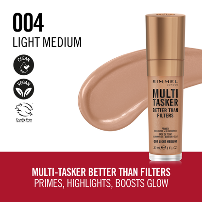 Rimmel Multi-Tasker Better Than Filters, 004 Light Medium, Primer Viso, Glow Booster e Illuminante, Formula Vegana, Leggera, Antietà, con Pigmenti che Riflettono la Luce, Maxi Applicatore Soft-Touch, 30ml (1oz)