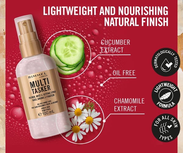 Rimmel London, PrimerMulti-Tasker, Mist & Setting Spray, Finish luminoso e naturale, Prepara l’incarnato, Rinfresca la pelle, Potere fissante tutto il giorno, Formula vegana, 100 ml