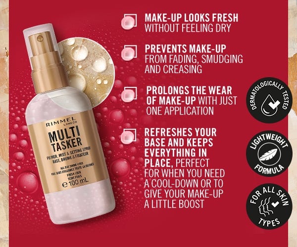 Rimmel London, PrimerMulti-Tasker, Mist & Setting Spray, Finish luminoso e naturale, Prepara l’incarnato, Rinfresca la pelle, Potere fissante tutto il giorno, Formula vegana, 100 ml