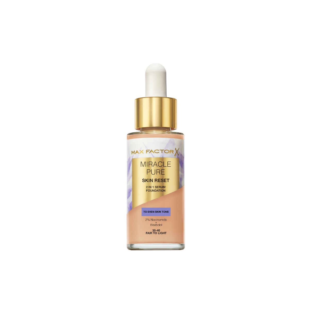 Max Factor Miracle Pure 2in1 Skin Reset Serum Foundation, 30-40, Fair to Light , formula vegan, uniforma l’incarnato, copertura media, finish matte satinato, Formula con Niacinamide e Bisabololo, 30 ml