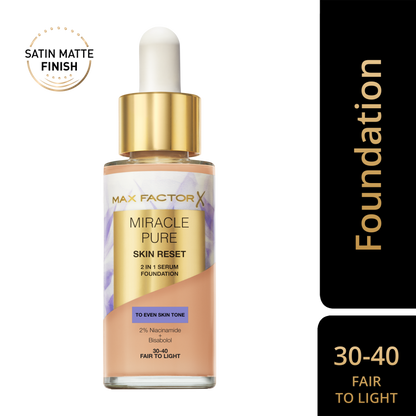 Max Factor Miracle Pure 2in1 Skin Reset Serum Foundation, 30-40, Fair to Light , formula vegan, uniforma l’incarnato, copertura media, finish matte satinato, Formula con Niacinamide e Bisabololo, 30 ml