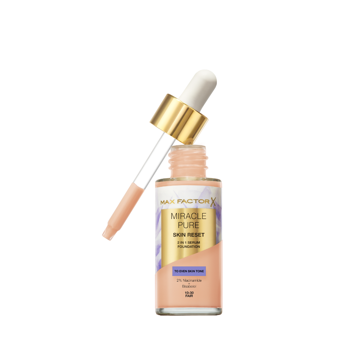 Max Factor Miracle Pure 2in1 Skin Reset Serum Foundation, 10-30, Fair, formula vegan, uniforma l’incarnato, copertura media, finish matte satinato, Formula con Niacinamide e Bisabololo, 30 ml