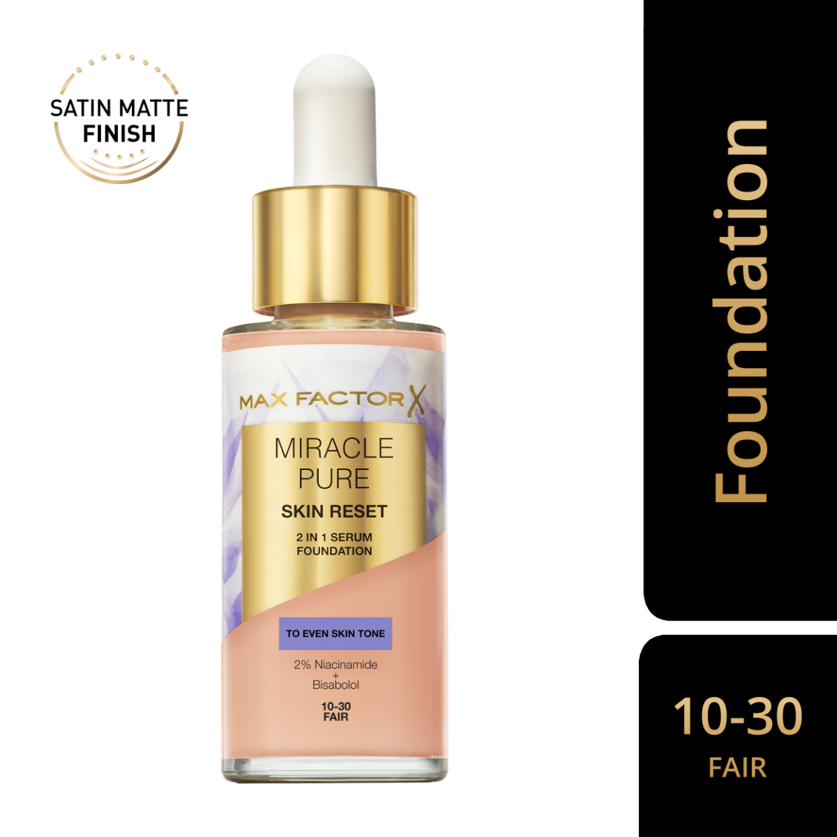 Max Factor Miracle Pure 2in1 Skin Reset Serum Foundation, 10-30, Fair, formula vegan, uniforma l’incarnato, copertura media, finish matte satinato, Formula con Niacinamide e Bisabololo, 30 ml