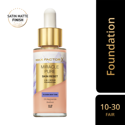 Max Factor Miracle Pure 2in1 Skin Reset Serum Foundation, 10-30, Fair, formula vegan, uniforma l’incarnato, copertura media, finish matte satinato, Formula con Niacinamide e Bisabololo, 30 ml