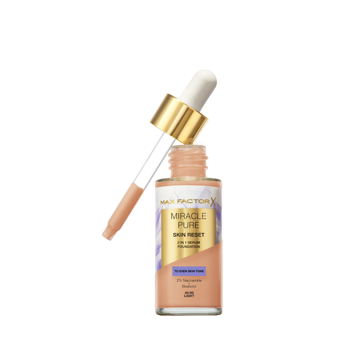 Max Factor Miracle Pure 2in1 Skin Reset Serum Foundation, 40-60, Light, formula vegan, uniforma l’incarnato, copertura media, finish matte satinato, Formula con Niacinamide e Bisabololo, 30 ml
