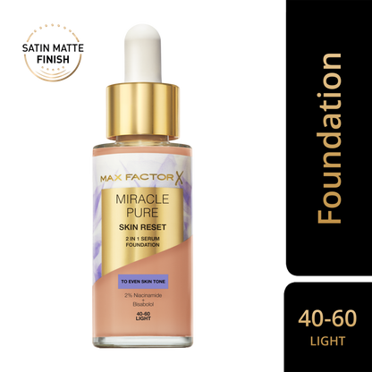 Max Factor Miracle Pure 2in1 Skin Reset Serum Foundation, 40-60, Light, formula vegan, uniforma l’incarnato, copertura media, finish matte satinato, Formula con Niacinamide e Bisabololo, 30 ml
