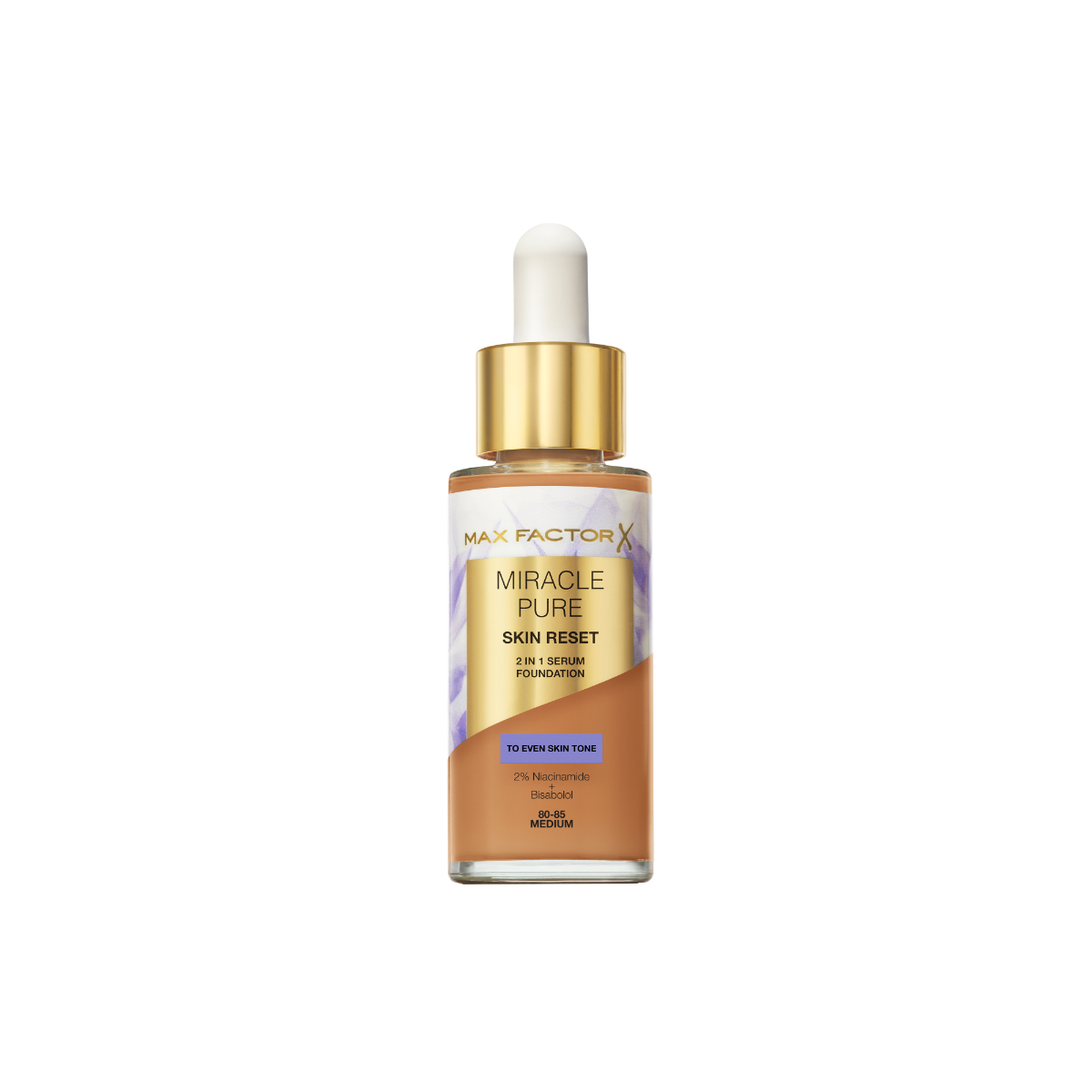 Max Factor Miracle Pure 2in1 Skin Reset Serum Foundation, 80-85, Medium, formula vegan, uniforma l’incarnato, copertura media, finish matte satinato, Formula con Niacinamide e Bisabololo, 30 ml