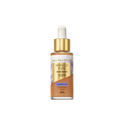 Max Factor Miracle Pure 2in1 Skin Reset Serum Foundation, 80-85, Medium, formula vegan, uniforma l’incarnato, copertura media, finish matte satinato, Formula con Niacinamide e Bisabololo, 30 ml