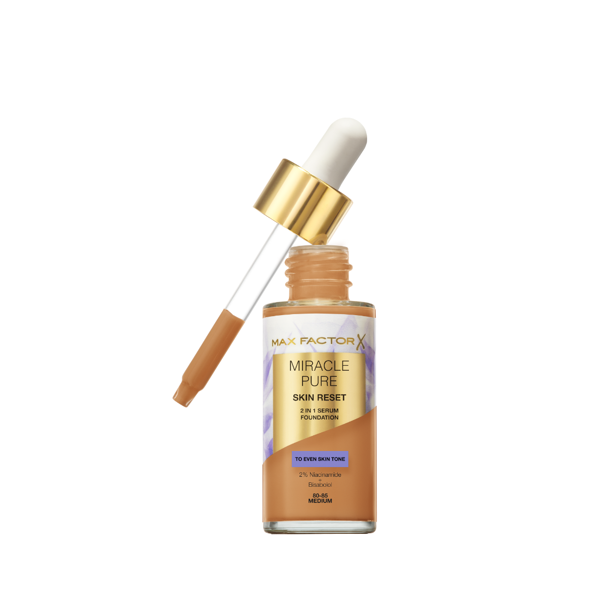 Max Factor Miracle Pure 2in1 Skin Reset Serum Foundation, 80-85, Medium, formula vegan, uniforma l’incarnato, copertura media, finish matte satinato, Formula con Niacinamide e Bisabololo, 30 ml
