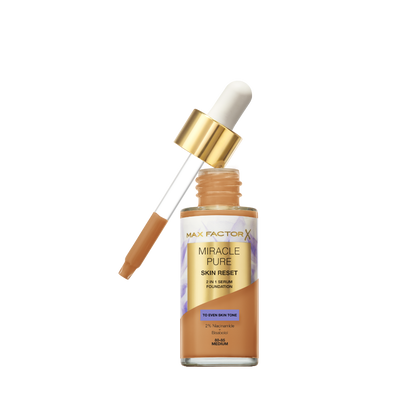 Max Factor Miracle Pure 2in1 Skin Reset Serum Foundation, 80-85, Medium, formula vegan, uniforma l’incarnato, copertura media, finish matte satinato, Formula con Niacinamide e Bisabololo, 30 ml