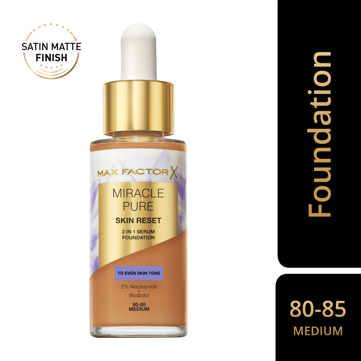Max Factor Miracle Pure 2in1 Skin Reset Serum Foundation, 80-85, Medium, formula vegan, uniforma l’incarnato, copertura media, finish matte satinato, Formula con Niacinamide e Bisabololo, 30 ml