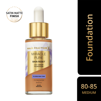 Max Factor Miracle Pure 2in1 Skin Reset Serum Foundation, 80-85, Medium, formula vegan, uniforma l’incarnato, copertura media, finish matte satinato, Formula con Niacinamide e Bisabololo, 30 ml