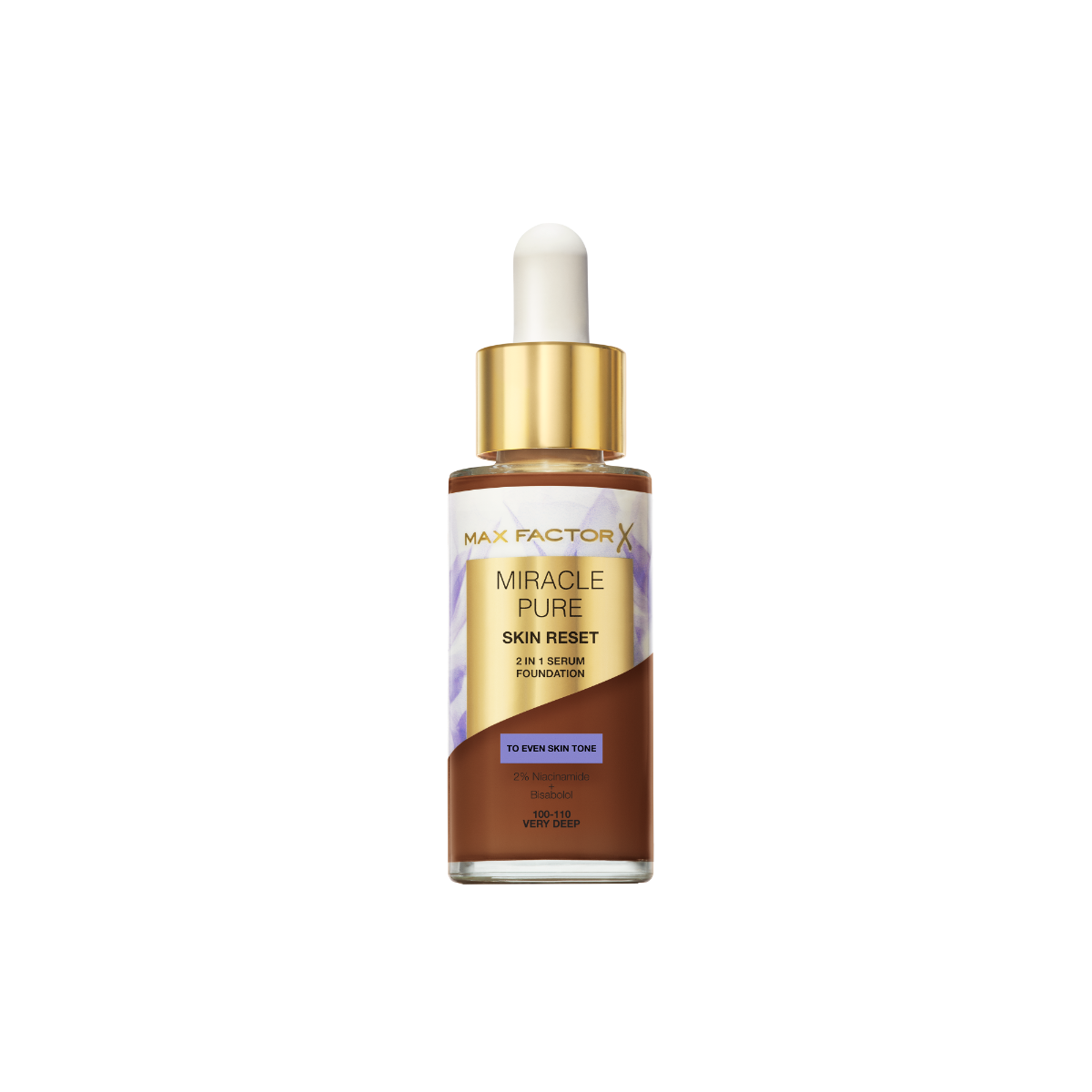 Max Factor Miracle Pure 2in1 Skin Reset Serum Foundation, 100-110, Very Deep, formula vegan, uniforma l’incarnato, copertura media, finish matte satinato, Formula con Niacinamide e Bisabololo, 30 ml