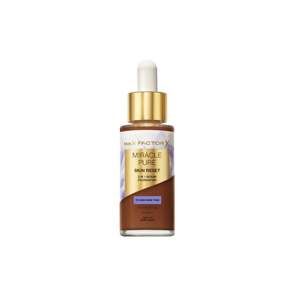 Max Factor Miracle Pure 2in1 Skin Reset Serum Foundation, 100-110, Very Deep, formula vegan, uniforma l’incarnato, copertura media, finish matte satinato, Formula con Niacinamide e Bisabololo, 30 ml