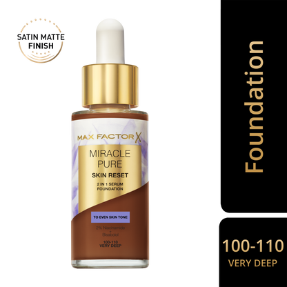 Max Factor Miracle Pure 2in1 Skin Reset Serum Foundation, 100-110, Very Deep, formula vegan, uniforma l’incarnato, copertura media, finish matte satinato, Formula con Niacinamide e Bisabololo, 30 ml