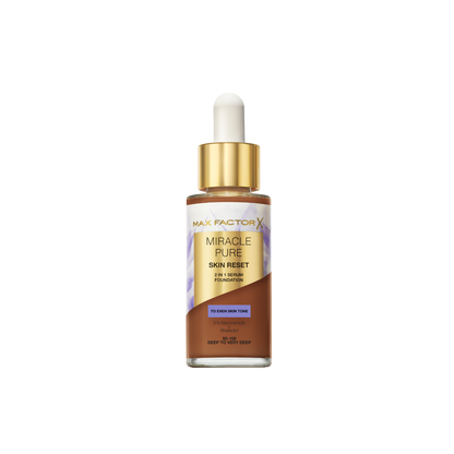 Max Factor Miracle Pure 2in1 Skin Reset Serum Foundation, 95-100, Deep to very Deep, formula vegan, uniforma l’incarnato, copertura media, finish matte satinato, Formula con Niacinamide e Bisabololo, 30 ml