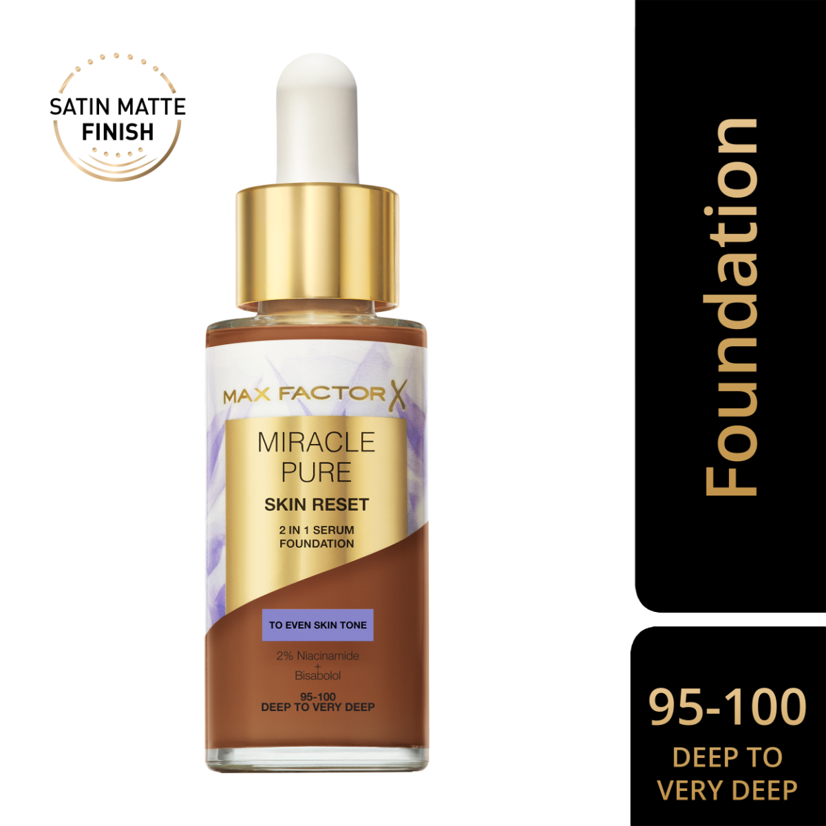 Max Factor Miracle Pure 2in1 Skin Reset Serum Foundation, 95-100, Deep to very Deep, formula vegan, uniforma l’incarnato, copertura media, finish matte satinato, Formula con Niacinamide e Bisabololo, 30 ml