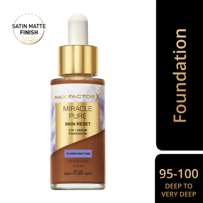 Max Factor Miracle Pure 2in1 Skin Reset Serum Foundation, 95-100, Deep to very Deep, formula vegan, uniforma l’incarnato, copertura media, finish matte satinato, Formula con Niacinamide e Bisabololo, 30 ml