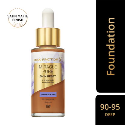 Max Factor Miracle Pure 2in1 Skin Reset Serum Foundation,90-95, Deep, formula vegan, uniforma l’incarnato, copertura media, finish matte satinato, Formula con Niacinamide e Bisabololo, 30 ml