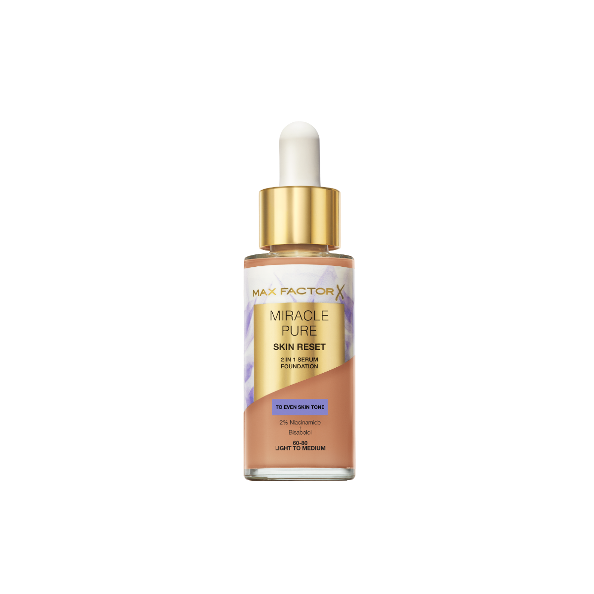 Max Factor Miracle Pure 2in1 Skin Reset Serum Foundation, 60-80 Light to Medium , formula vegan, uniforma l’incarnato, copertura media, finish matte satinato, Formula con Niacinamide e Bisabololo, 30 ml