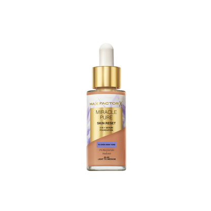 Max Factor Miracle Pure 2in1 Skin Reset Serum Foundation, 60-80 Light to Medium , formula vegan, uniforma l’incarnato, copertura media, finish matte satinato, Formula con Niacinamide e Bisabololo, 30 ml