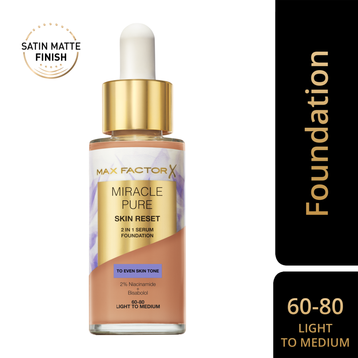 Max Factor Miracle Pure 2in1 Skin Reset Serum Foundation, 60-80 Light to Medium , formula vegan, uniforma l’incarnato, copertura media, finish matte satinato, Formula con Niacinamide e Bisabololo, 30 ml