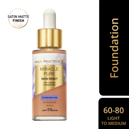 Max Factor Miracle Pure 2in1 Skin Reset Serum Foundation, 60-80 Light to Medium , formula vegan, uniforma l’incarnato, copertura media, finish matte satinato, Formula con Niacinamide e Bisabololo, 30 ml