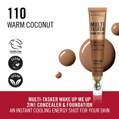 Rimmel Multi-Tasker Wake Me Up, 25 Rose Ivory, Correttore & Fondotinta, Illumina, Corregge, Copertura modulabile, Finish Radioso, Formula Vegana, 20ml