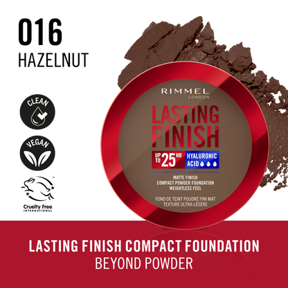Rimmel Lasting Finish, 16 Hazelnut, Fondotinta Compatto, Finish Soft-Focus, Finish opaco, Coprenza totale, SPF20, Formula vegana, 7 g