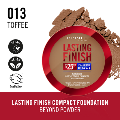 Rimmel Lasting Finish, 13 Toffee, Fondotinta Compatto, Finish Soft-Focus, Finish opaco, Coprenza totale, SPF20, Formula vegana, 7 g