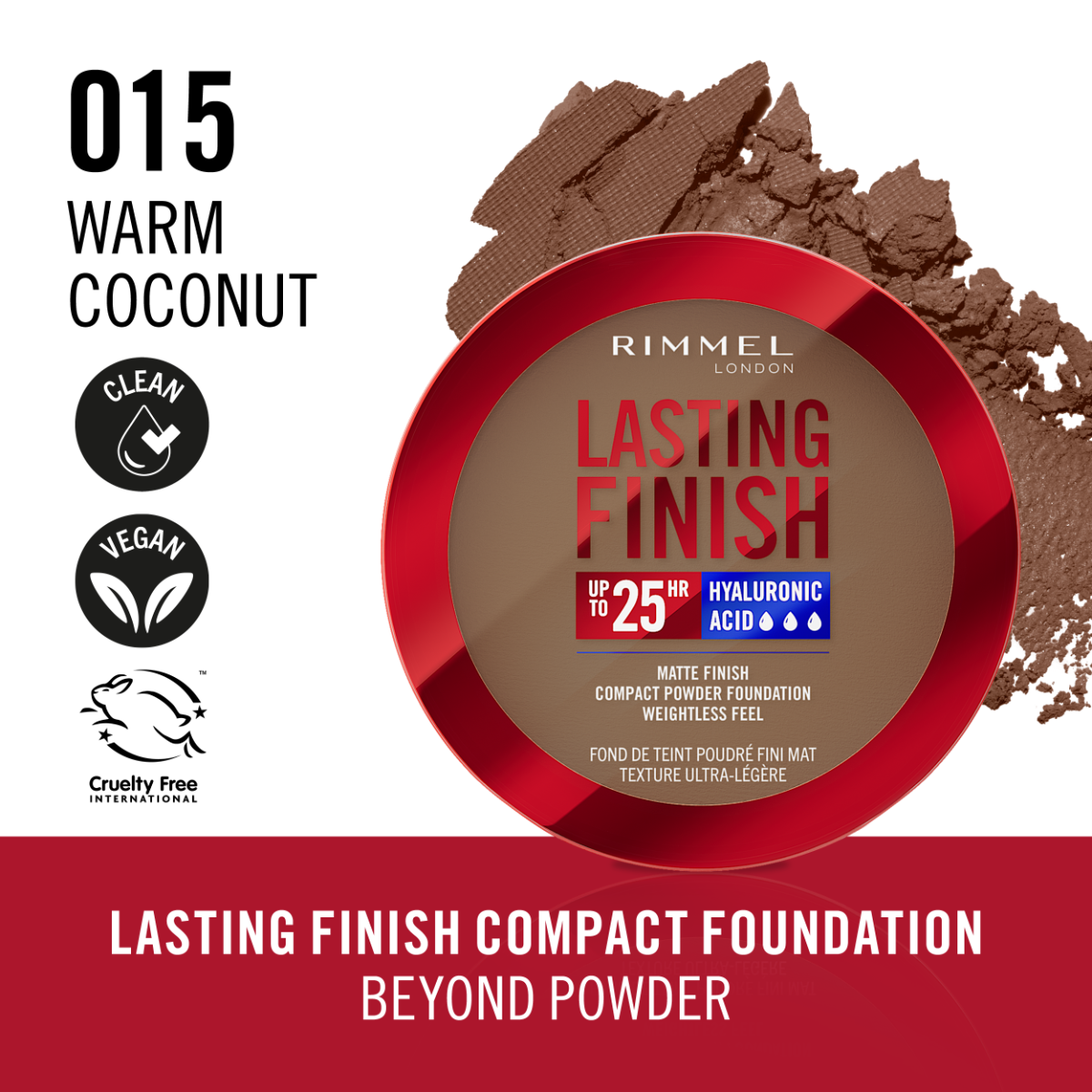 Rimmel Lasting Finish, 15 Warm Coconut, Fondotinta Compatto, Finish Soft-Focus, Finish opaco, Coprenza totale, SPF20, Formula vegana, 7 g
