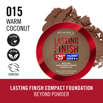 Rimmel Lasting Finish, 15 Warm Coconut, Fondotinta Compatto, Finish Soft-Focus, Finish opaco, Coprenza totale, SPF20, Formula vegana, 7 g