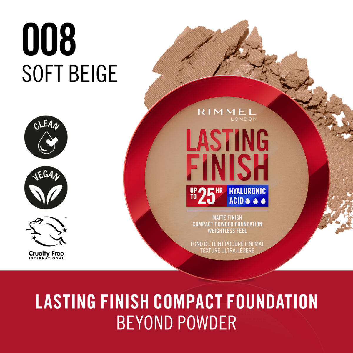 Rimmel Lasting Finish, 008 Soft Beige, Fondotinta Compatto, Finish Soft-Focus, Finish opaco, Coprenza totale, SPF20, Formula vegana, 7 g