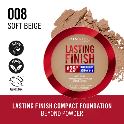 Rimmel Lasting Finish, 008 Soft Beige, Fondotinta Compatto, Finish Soft-Focus, Finish opaco, Coprenza totale, SPF20, Formula vegana, 7 g