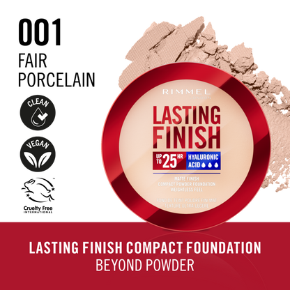 Rimmel Lasting Finish, 001 Fair Porcelain, Fondotinta Compatto, Finish Soft-Focus, Finish opaco, Coprenza totale, SPF20, Formula vegana, 7 g