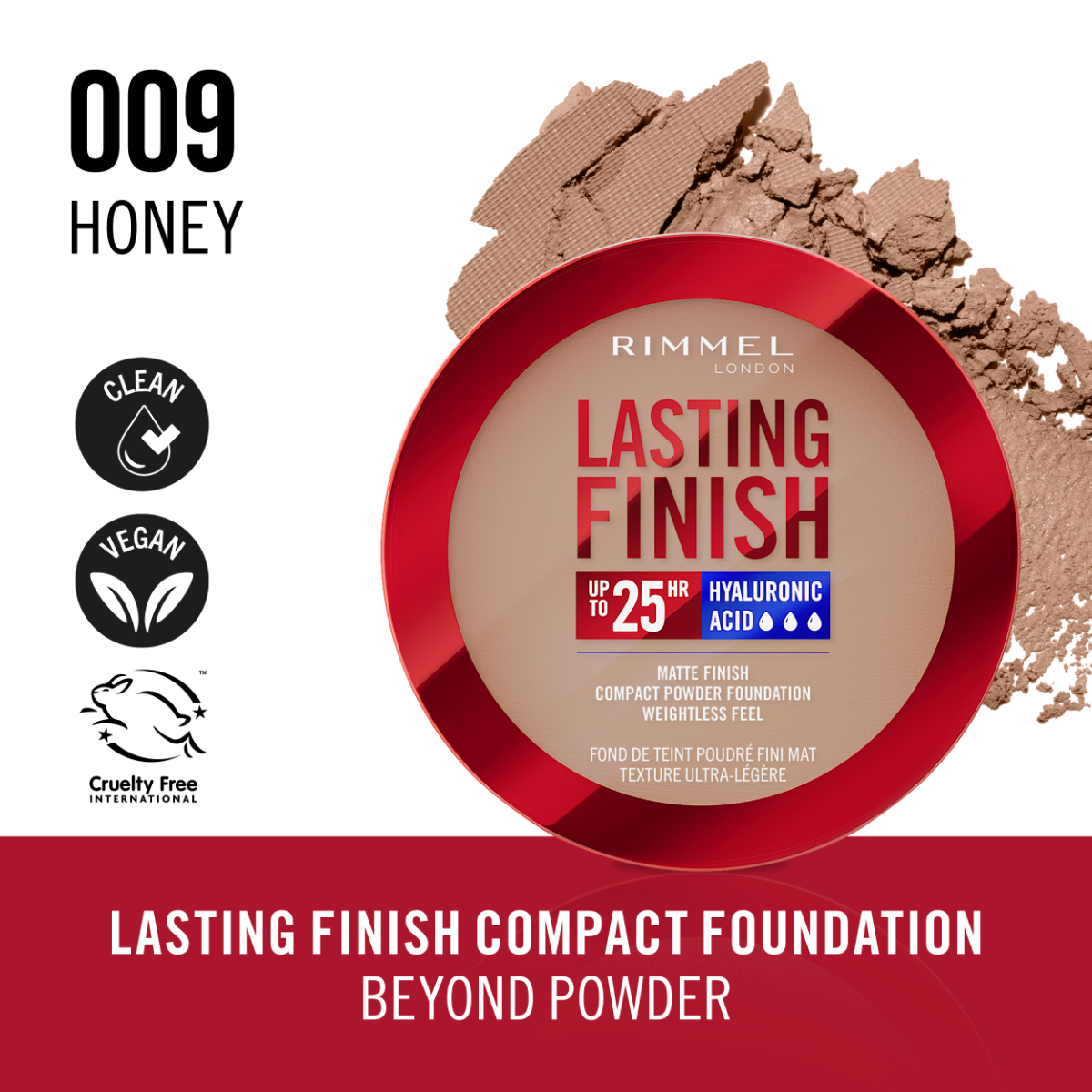 Rimmel Lasting Finish, 009 Honey, Fondotinta Compatto, Finish Soft-Focus, Finish opaco, Coprenza totale, SPF20, Formula vegana, 7 g