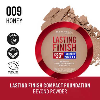Rimmel Lasting Finish, 009 Honey, Fondotinta Compatto, Finish Soft-Focus, Finish opaco, Coprenza totale, SPF20, Formula vegana, 7 g