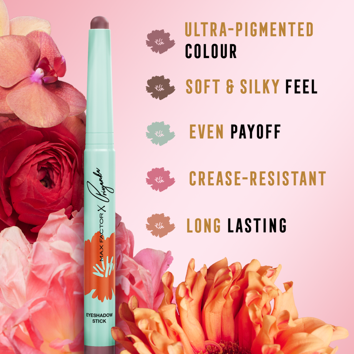 Max Factor X Priyanka Chopra Jonas Ombretto in stick, 005, Roaring Rose, Formula vegana, A lunga durata, Ultra pigmentato, Texture cremosa