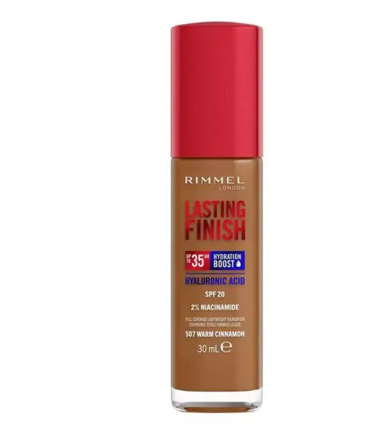 Rimmel London, Lasting Finish 35H, 507 Warm Cinnamon, fondotinta, lunga tenuta, idratante, formula vegana, alta coprenza, 30ml
